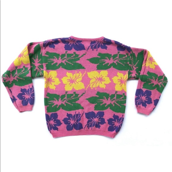 Vintage Colors by Brooks Womens Arylic Pink Multicolor Flowers LS Sweater - Picture 2 of 4